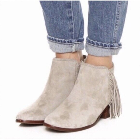 Sam Edelman Paige Booties Fringe Ankle Boots Beige Suede Leather Womens Sz 8.5 - Picture 1 of 9